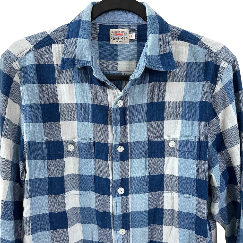 Faherty Brand Men's Herringbone Flannel Shirt Blue White Buffalo Plaid Size S